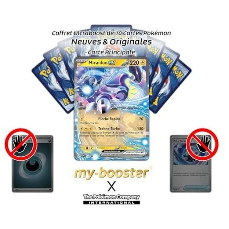 Gros plan sur les détails de l’artwork de la carte Pokémon Miraidon ex SV143 EV06, mettant en valeur les effets brillants et le design futuriste.