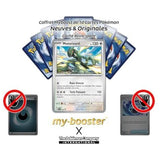 Gros plan sur les détails holographiques de la carte Pokémon Motorizard SV096 Holo EV05, mettant en valeur l’illustration et le texte de jeu