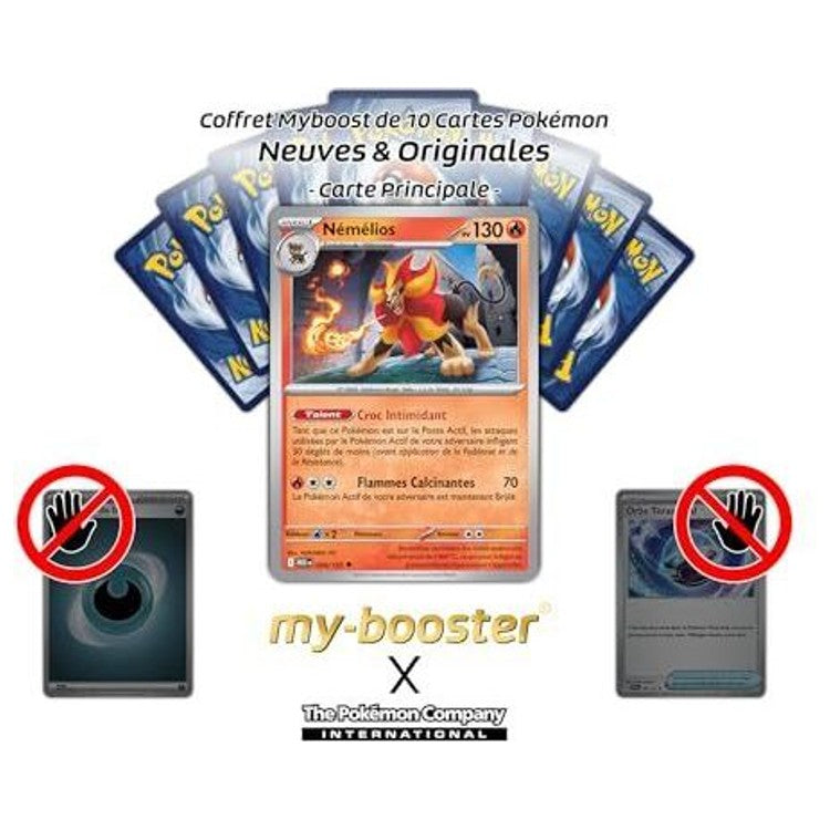 Gros plan sur les effets Reverse holographiques de la carte Némélios 024/132 Méga-Évolution 01, mettant en valeur l’illustration et le texte de jeu.