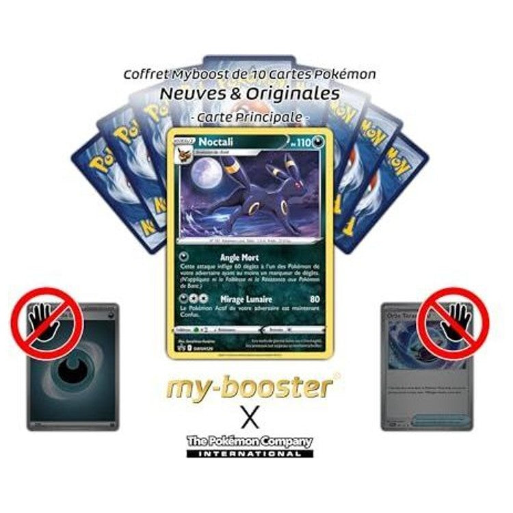 Gros plan sur l’illustration holographique de Noctali SWSH129, montrant les anneaux lumineux du Pokémon Ténèbres et les reflets de la carte promo EB07.