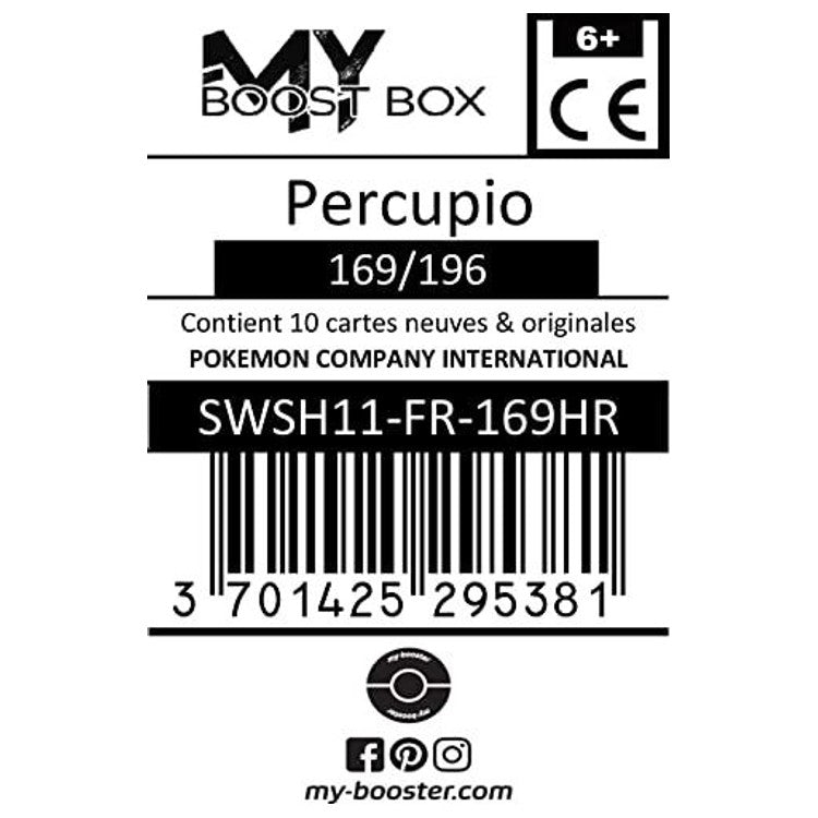 Gros plan sur l’illustration de Percupio de type Psy sur la carte 169/196 EB11 Origine Perdue, mettant en valeur les effets holographiques reverse