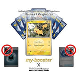 Gros plan sur la carte Pokémon Pikachu Reverse Friend Ball Méga-Évolution 02.5 montrant les reflets brillants et les informations de jeu en français.