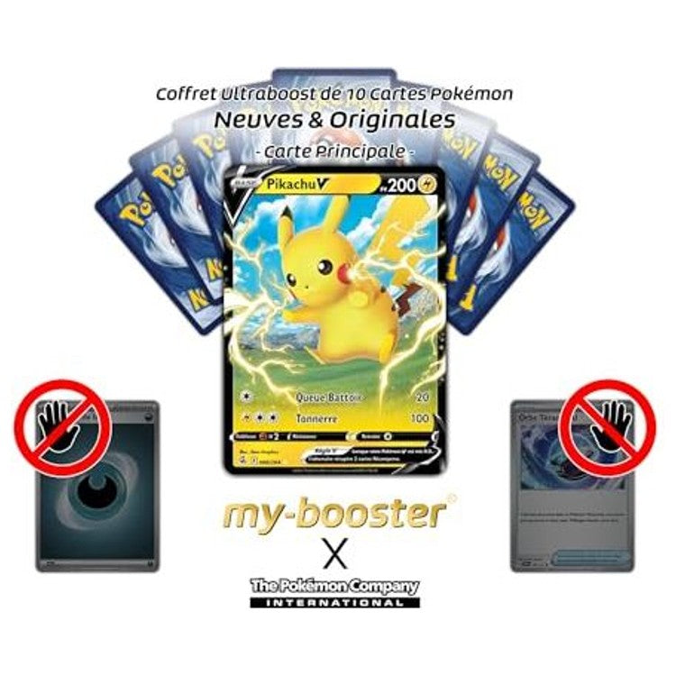 Détail de la carte Pokémon Pikachu V 086/264 Poing de Fusion EB08, montrant le verso et la finition officielle sous licence The Pokémon Company.