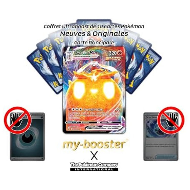 Gros plan sur les détails de l’illustration flamboyante de Pyrobut VMAX EB08 Poing de Fusion, mettant en avant les effets holographiques de la carte.