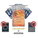 Gros plan sur les détails holographiques de la carte Pyroli SV167 Holo Évolutions Prismatiques, montrant le Pokémon Feu en action.