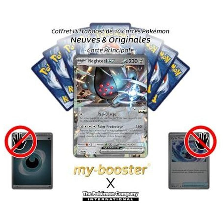 Gros plan sur l’illustration brillante de la carte Pokémon Registeel ex 145/217, mettant en valeur son corps d’acier et le design Héros Transcendants