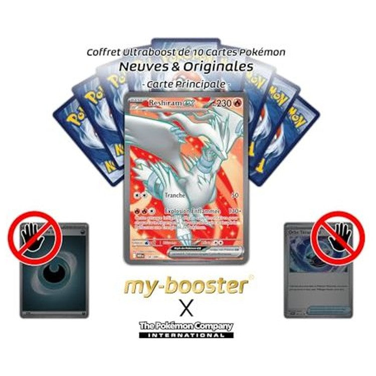 Gros plan sur les détails holographiques de la carte Pokémon Reshiram ex Full Art secrète EV10-5, mettant en valeur les flammes blanches et le fond doré.