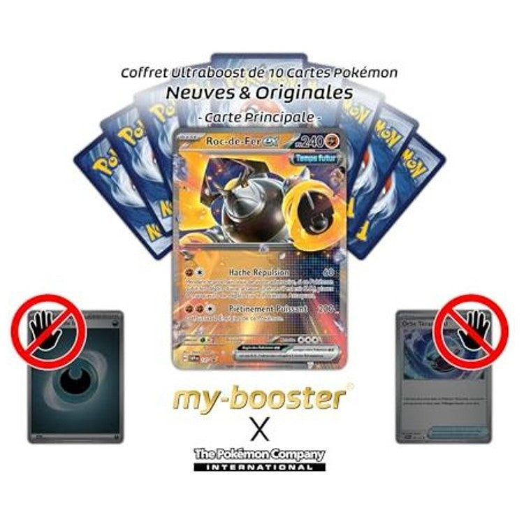 Gros plan sur les détails holographiques de la carte Roc-de-Fer ex SV147 EV06, mettant en valeur les effets métalliques et le design mécanique du Pokémon.