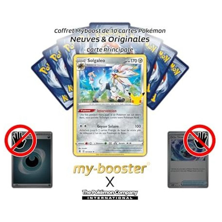 Gros plan sur les détails holographiques de la carte Pokémon Solgaleo 021/025 Holo Célébrations, mettant en valeur l’effet brillant du légendaire.