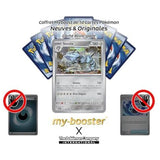 Gros plan sur les détails holographiques de la carte Pokémon Steelix 125/182 EV04, mettant en valeur l’illustration métallique et massive du Pokémon Acier