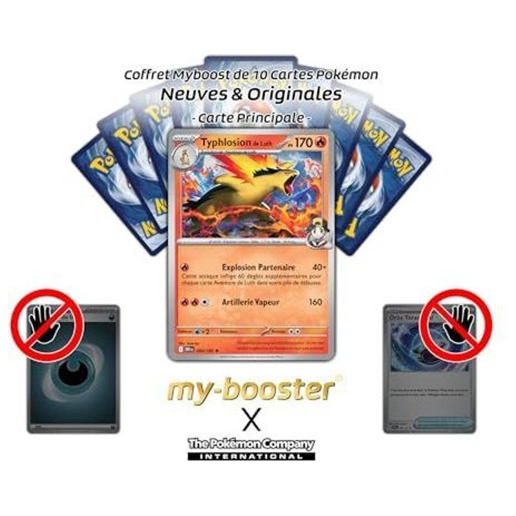 Gros plan sur l’illustration de Typhlosion de Luth 034/182 EV10 montrant les flammes et les effets holographiques de la carte Pokémon Rivalités Destinées