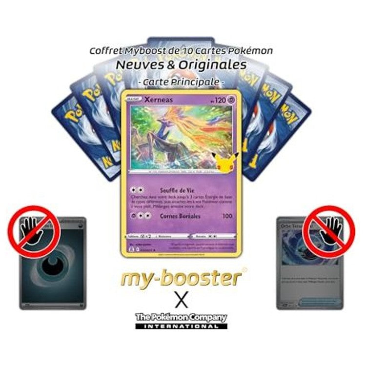 Gros plan sur les détails holographiques de la carte Pokémon Xerneas 012/025 Holo, montrant les bois multicolores et le fond brillant