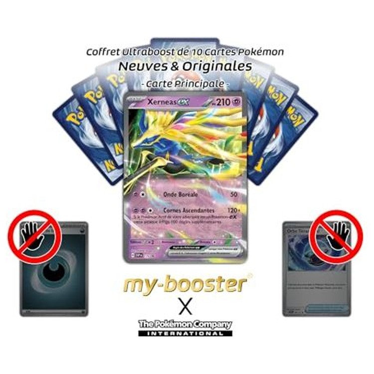 Gros plan sur les détails holographiques de la carte Pokémon Xerneas ex SV179 EV08, mettant en valeur les effets brillants et les couleurs féeriques de l’artwork.