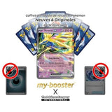 Gros plan sur les détails holographiques de la carte Pokémon Xerneas ex SV179 EV08, mettant en valeur les effets brillants et les couleurs féeriques de l’artwork.