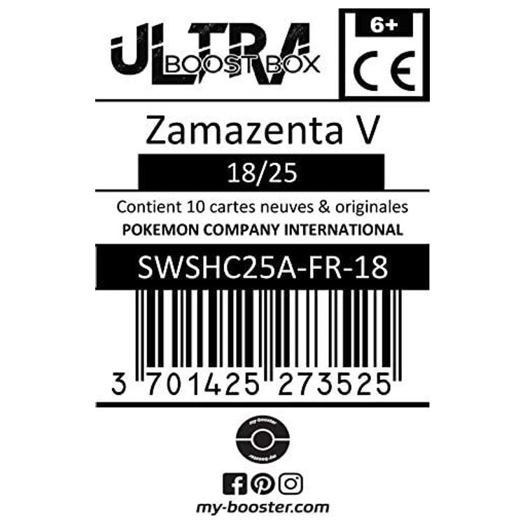 Détail de l’illustration de la carte Zamazenta V 18/25 Célébrations EB04, montrant le Pokémon légendaire de type Acier en posture défensive.