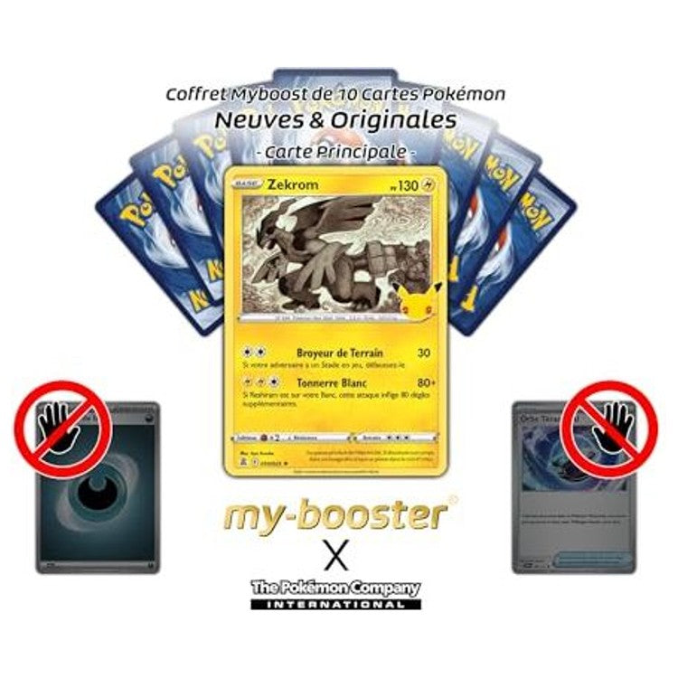 Gros plan sur les détails holographiques de la carte Pokémon Zekrom 010/025 Holo Célébrations EB75, mettant en valeur l’éclat du Pokémon Dragon Électrik.