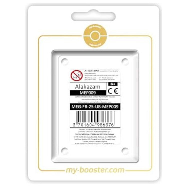 Coffret Myboost Méga-Évolution 01 avec la carte principale Alakazam MEP009 Alternative Pokémon Gallery et 9 autres cartes Pokémon françaises incluses.