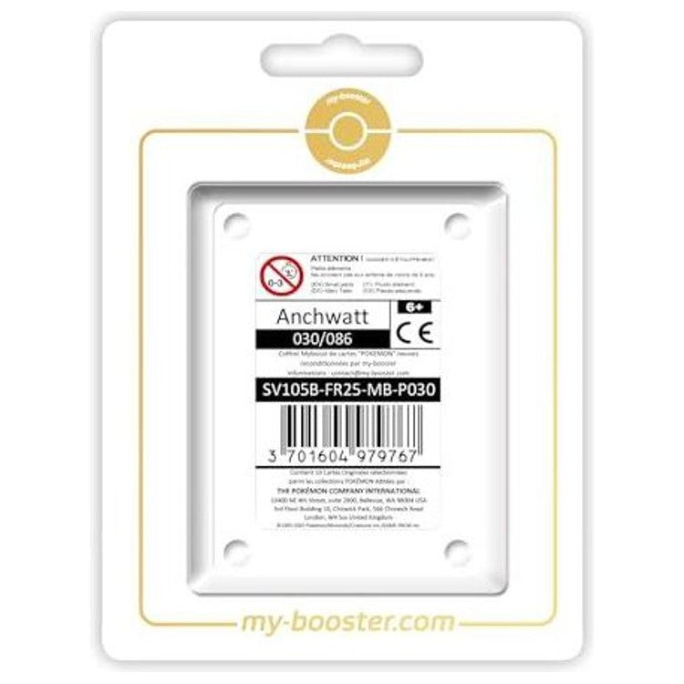 Coffret Myboost Foudre Noire avec la carte principale Anchwatt Reverse et 9 autres cartes Pokémon françaises variées présentées ensemble.