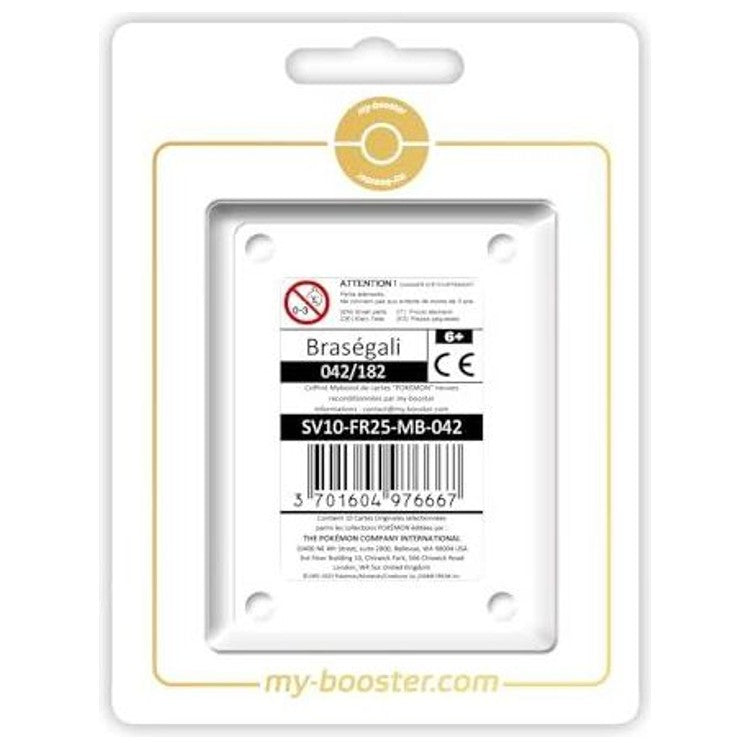 Coffret Myboost Rivalités Destinées avec la carte Braségali 042/182 en vedette et 9 autres cartes Pokémon françaises complémentaires