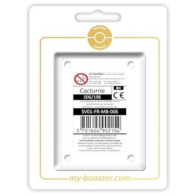 Coffret Myboost dédié à Cacturne 006/198 Reverse Écarlate et Violet 1, présenté avec 9 autres cartes Pokémon françaises assorties.