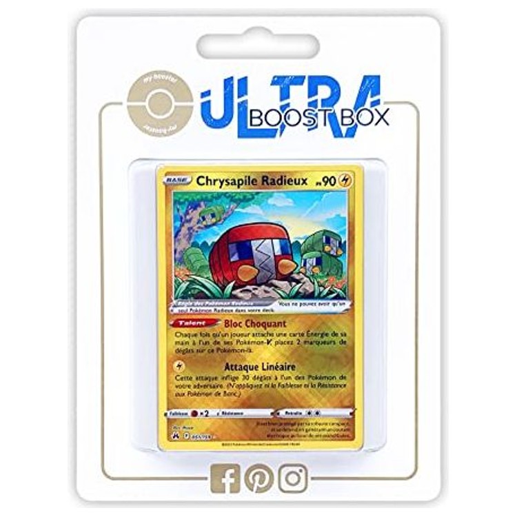 Coffret Myboost Zénith Suprême avec la carte Chrysapile Radieux 051/159 mise en avant et 9 cartes Pokémon françaises supplémentaires assorties