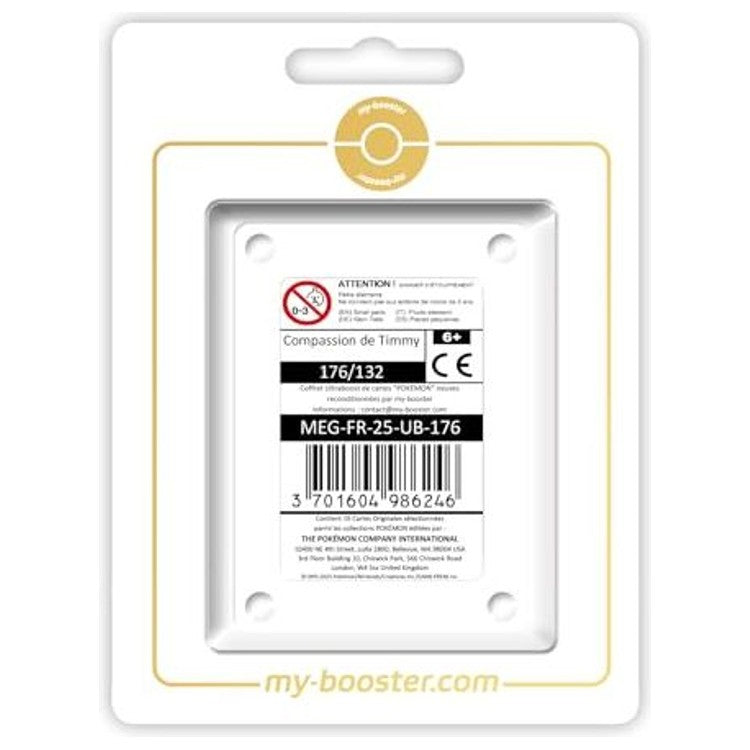 Coffret Myboost Méga-Évolution 1 avec la carte Dresseur Compassion de Timmy 176/132 en vedette et 9 autres cartes Pokémon françaises supplémentaires