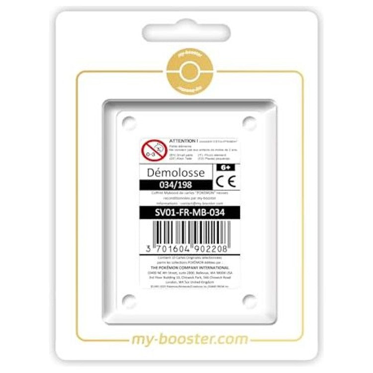 Coffret Myboost Écarlate et Violet 1 avec la carte Démolosse 034/198 Reverse EV01 en vedette et 9 autres cartes Pokémon françaises incluses dans le pack.