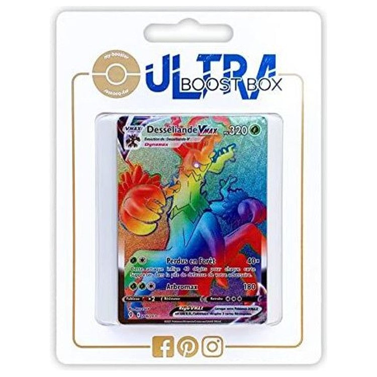 Coffret Myboost avec la carte Desséliande VMAX secrète 206/192 Évolution Céleste et 9 autres cartes Pokémon françaises neuves et certifiées
