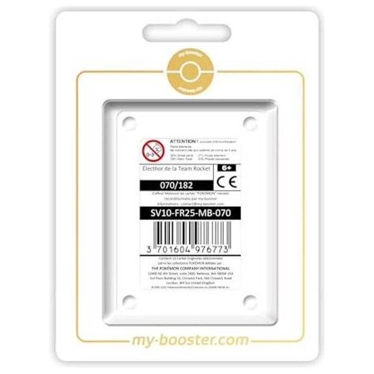 Coffret Myboost Rivalités Destinées avec la carte Électhor de la Team Rocket en vedette et 9 autres cartes Pokémon françaises assorties