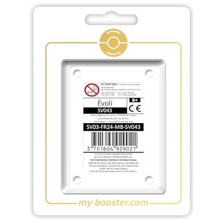 Coffret Myboost Évoli SV043 EV03 contenant la carte Holo et 9 autres cartes Pokémon françaises variées de la série Écarlate et Violet.