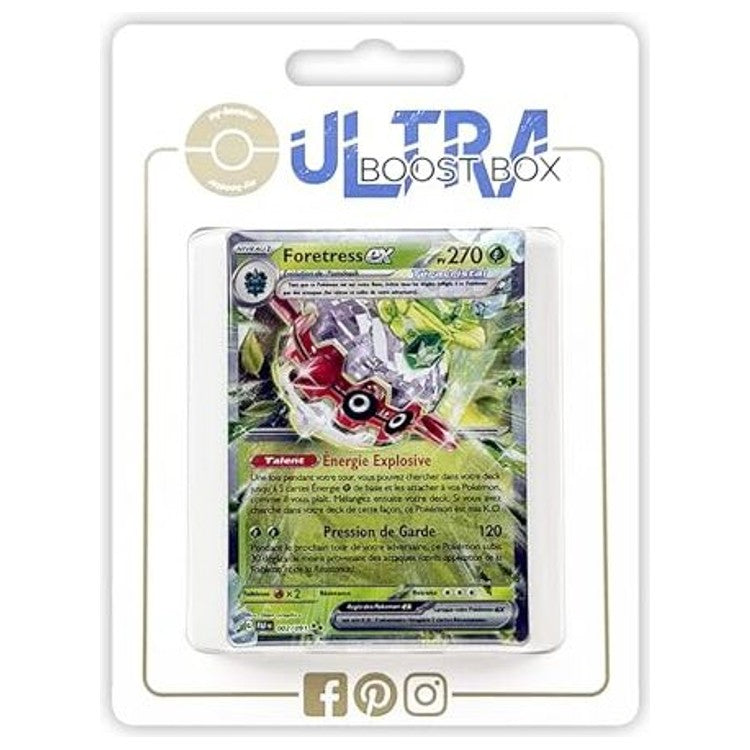 Coffret Myboost Destinées de Paldea avec la carte Foretress ex Téracristal et un assortiment de 9 autres cartes Pokémon françaises neuves et certifiées