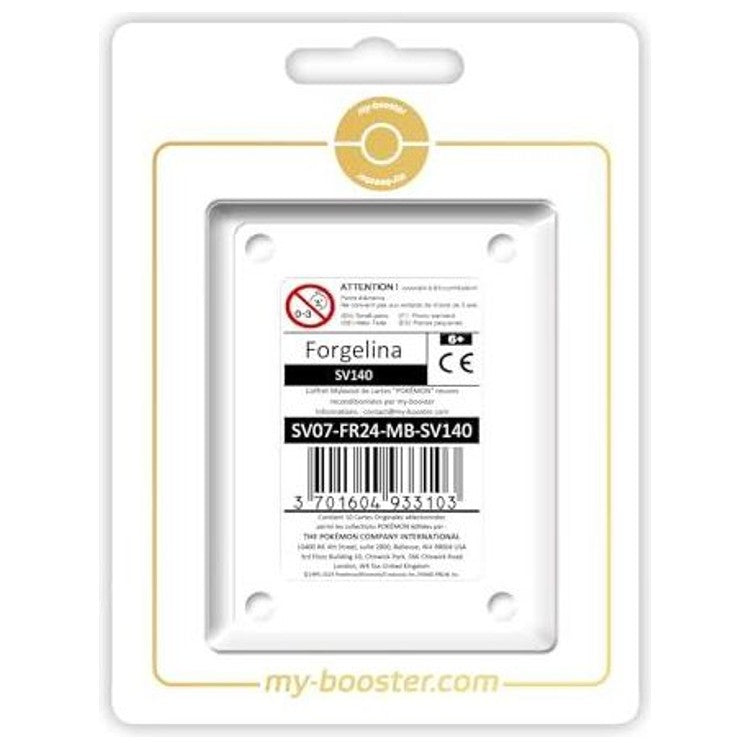 Coffret Myboost Forgelina SV140 Holo EV07 Couronne Stellaire contenant la carte principale et 9 autres cartes Pokémon variées.