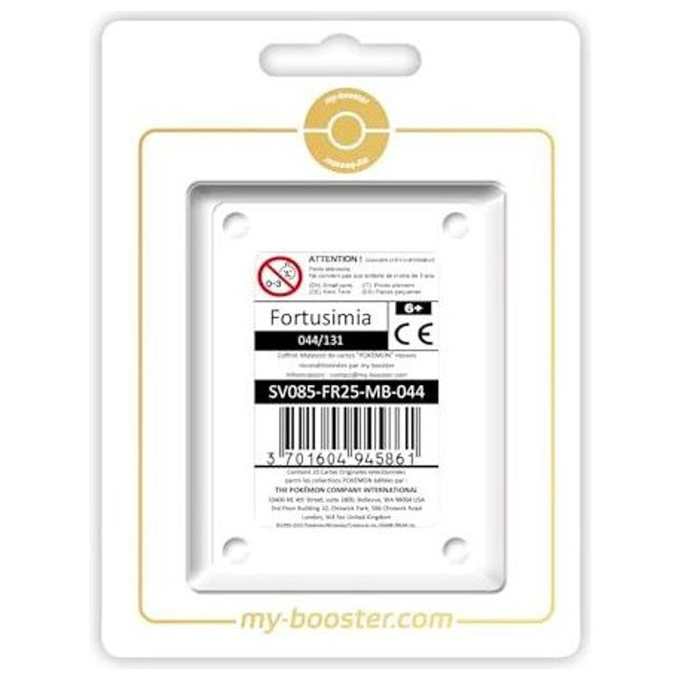 Coffret Myboost Évolutions Prismatiques avec la carte Fortusimia 044/131 mise en avant et 9 autres cartes Pokémon françaises supplémentaires visibles.