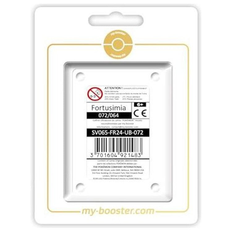Coffret Myboost Fable Nébuleuse avec la carte Fortusimia Alternative Gallery Secrète et 9 autres cartes Pokémon françaises visibles dans le pack
