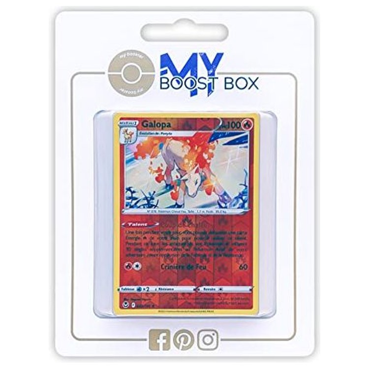 Coffret Myboost Tempête Argentée avec la carte Galopa Holo Reverse mise en avant et 9 cartes Pokémon françaises supplémentaires visibles dans le pack.