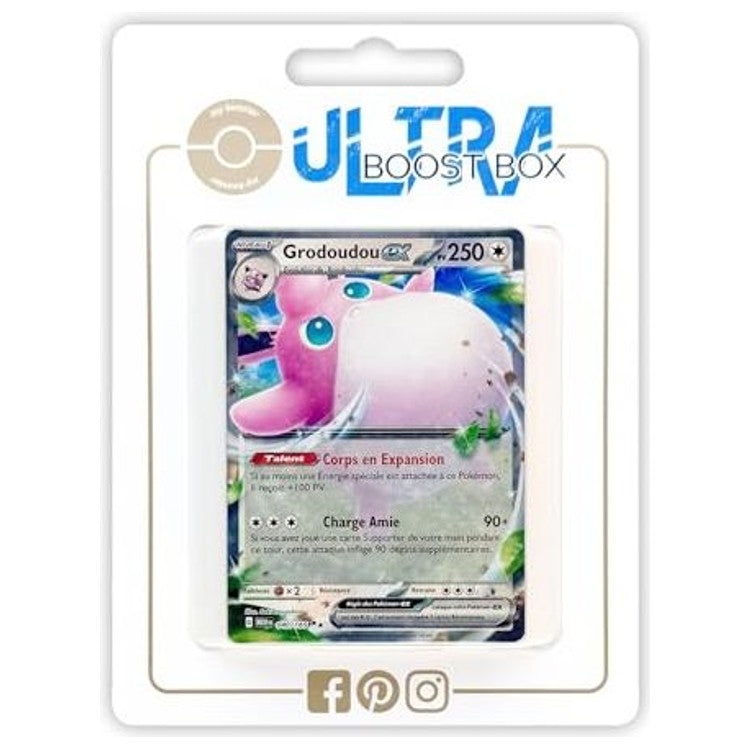 Coffret Myboost contenant la carte Grodoudou ex 040/165 de l’extension 151 EV3.5 et un assortiment de 9 autres cartes Pokémon françaises neuves.