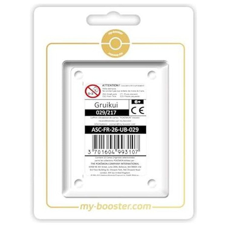 Coffret Myboost Héros Transcendants avec la carte Gruikui 029/217 Reverse mise en avant et 9 autres cartes Pokémon françaises visibles en assortiment.