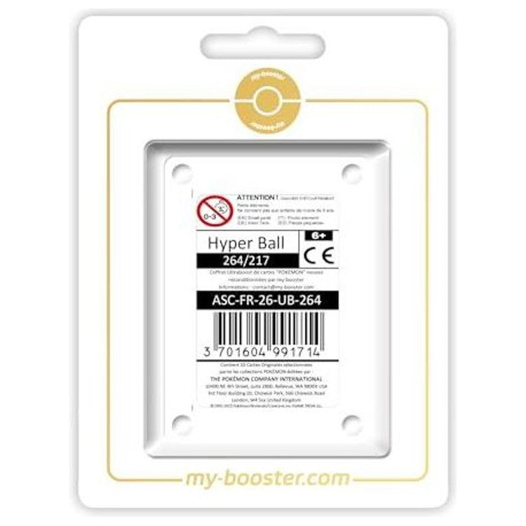 Coffret Myboost Ultraboost X Méga-Évolution 2.5 avec la carte Hyper Ball 264/217 Full Art Secrète et 9 autres cartes Pokémon françaises variées