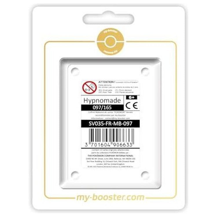 Coffret Myboost Hypnomade 151 Écarlate et Violet 3.5 présentant la carte Reverse 097/165 et 9 autres cartes Pokémon françaises assorties.