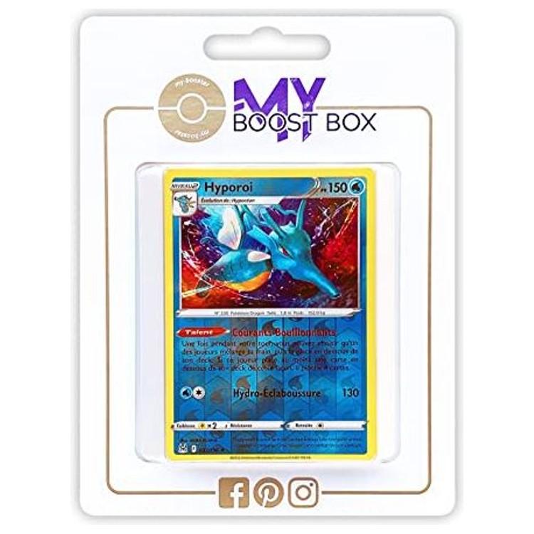 Coffret Myboost Origine Perdue avec la carte Hyporoi 037/196 Holo Reverse et 9 autres cartes Pokémon françaises neuves assorties.