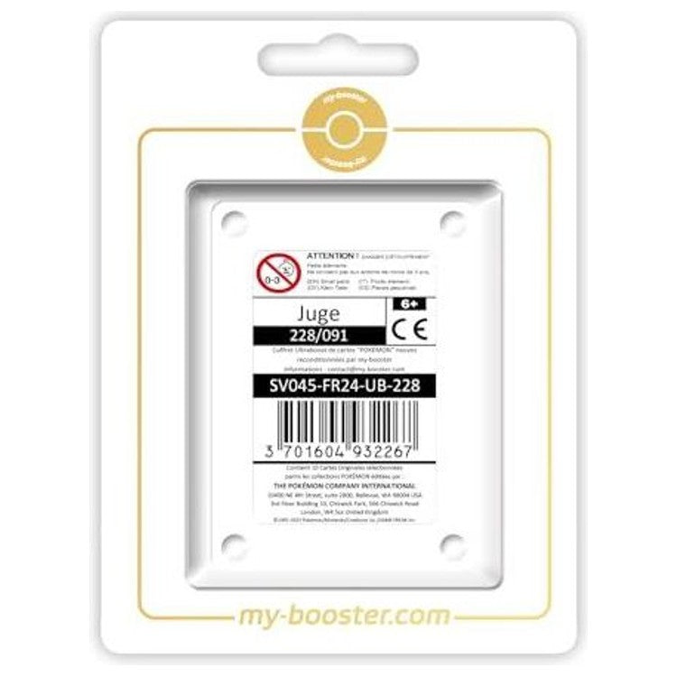 Coffret Myboost Destinées de Paldea avec la carte Juge Full Art Secrète mise en avant et 9 autres cartes Pokémon françaises incluses