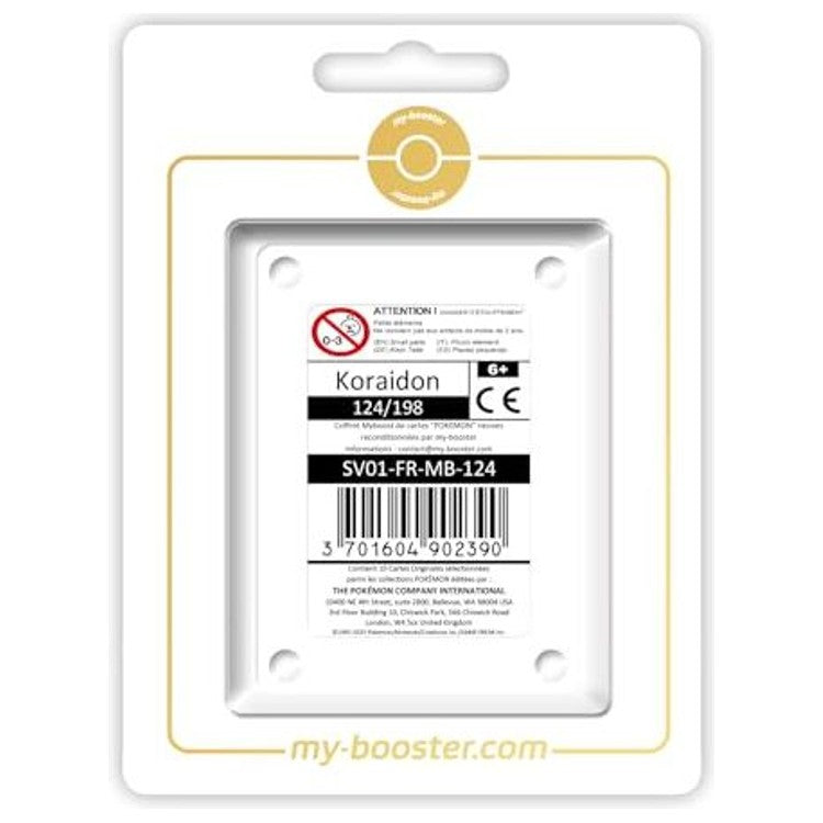 Coffret Myboost avec la carte principale Koraidon 124/198 Écarlate et Violet 1 et 9 autres cartes Pokémon françaises certifiées officielles