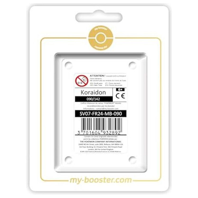 Coffret Myboost Koraidon Couronne Stellaire contenant la carte Reverse 090/142 et 9 autres cartes Pokémon françaises variées présentées ensemble.