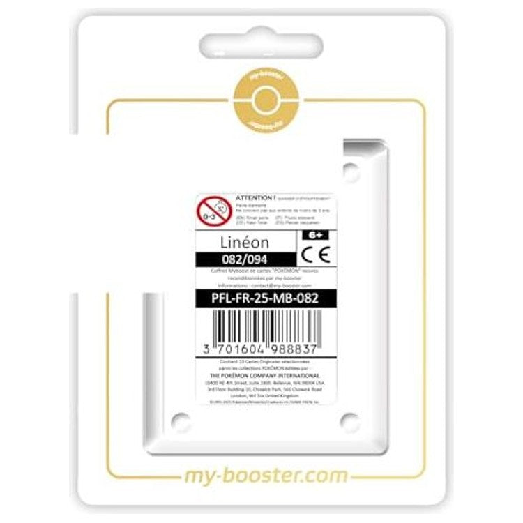 Coffret Myboost avec la carte principale Linéon 082/094 Reverse Flammes Fantasmagoriques et 9 autres cartes Pokémon françaises assorties.
