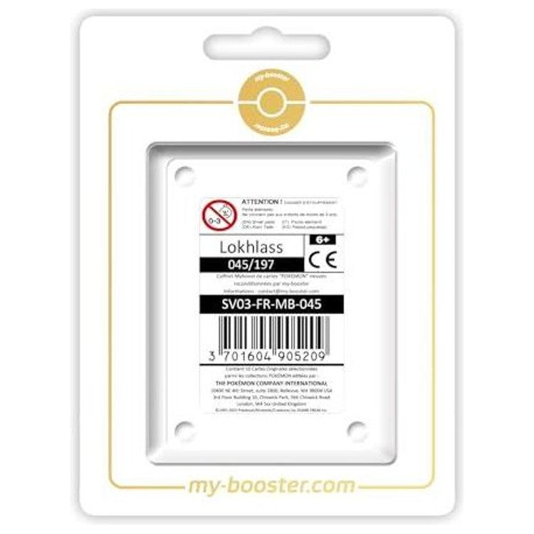 Coffret Myboost avec la carte Lokhlass 045/197 Reverse Flammes Obsidiennes en vedette et 9 autres cartes Pokémon françaises neuves et certifiées.
