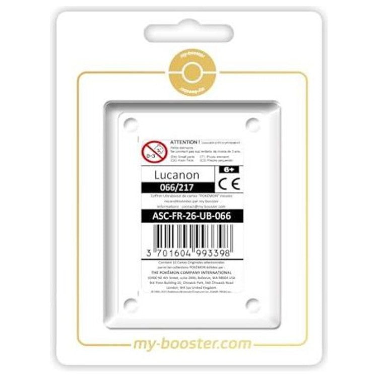 Coffret Myboost Héros Transcendants mettant en avant Lucanon Reverse 066/217 accompagné de 9 autres cartes Pokémon variées.