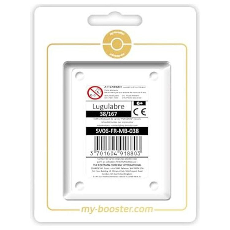 Coffret Myboost Lugulabre Mascarade Crépusculaire contenant la carte 038/167 Holo ou Reverse et 9 autres cartes Pokémon françaises variées.