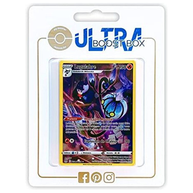Coffret Myboost Origine Perdue avec la carte Lugulabre TG04/196 Full Art Secrète mise en avant et 9 autres cartes Pokémon françaises incluses.