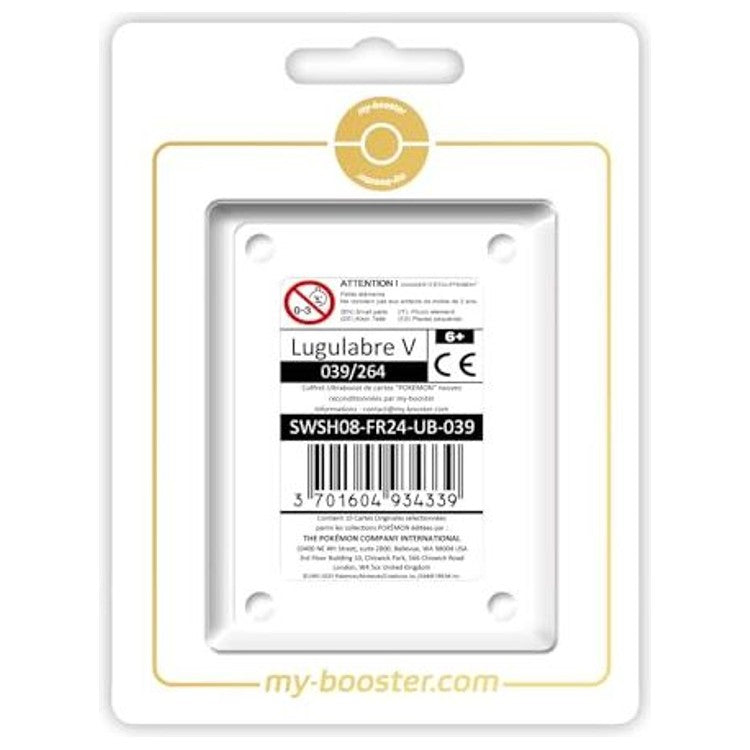 Coffret Myboost Lugulabre V Poing de Fusion incluant la carte principale 039/264 et 9 autres cartes Pokémon françaises neuves et officielles.