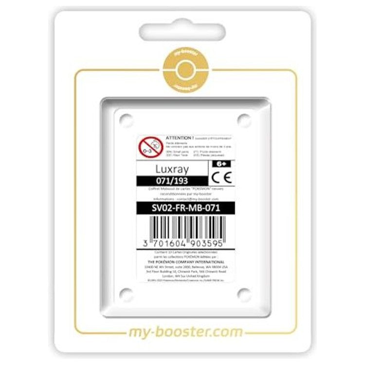 Coffret Myboost Luxray Écarlate et Violet 02 avec la carte principale 071/193 et 9 autres cartes Pokémon françaises variées présentées ensemble.